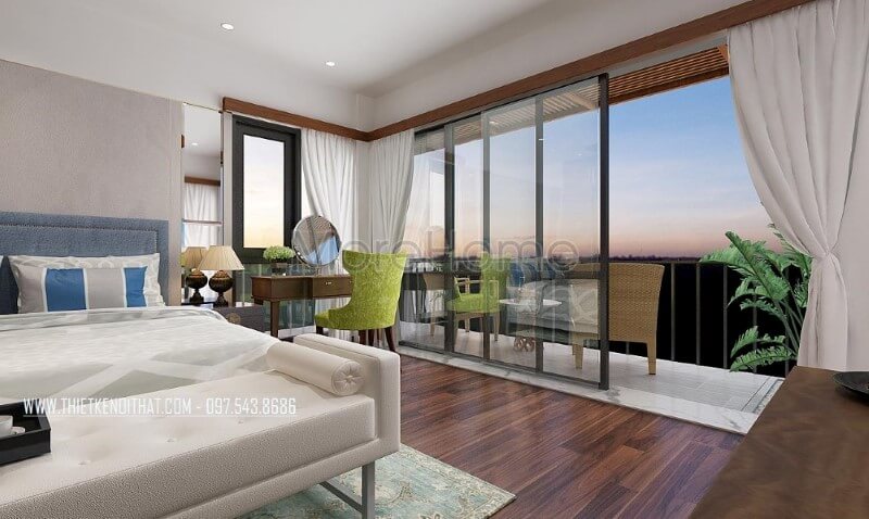 Phòng ngủ biệt thự hiện đại, thông thoáng và sang trọng bởi ý tưởng trang trí mở từ hệ cửa kính cường lực lớn giúp bạn có thể tận hưởng cảm giác trong lành, ngắm nhìn vẻ đẹp tuyệt vời từ thiên nhiên ngay tại giường ngủ của mình. Thiết kế phòng ngủ nhà phố