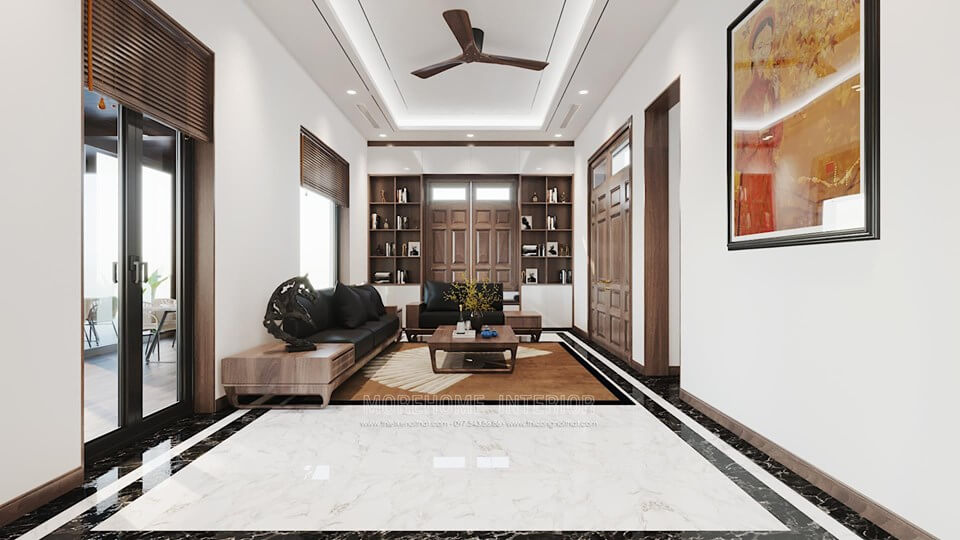 Thiết kế nội thất gỗ óc chó cho phòng khách nhà phố, không gian tiếp khách sang trọng, hiện đại Thiết kế phòng khách nhà phố