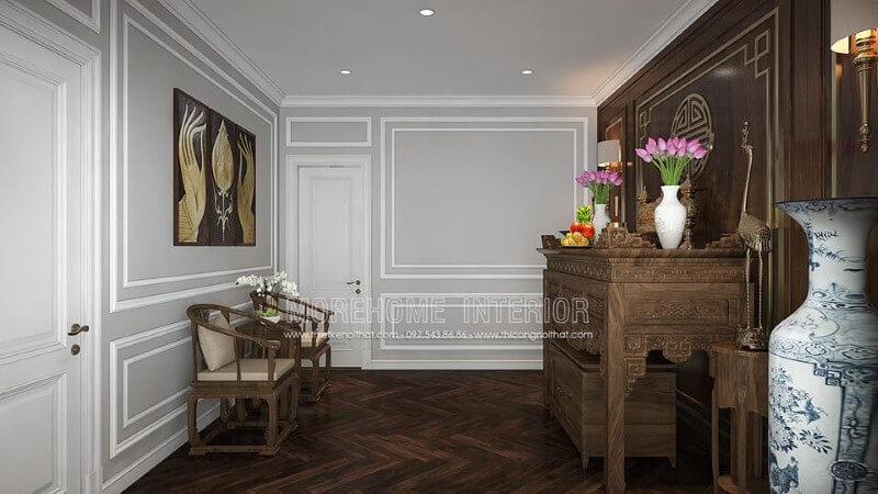 Sắp xếp nội thất phòng thờ đẹp, trang trọng hợp phong thủy từ nội thất gỗ óc chó cao cấp. Thiết kế chung cư