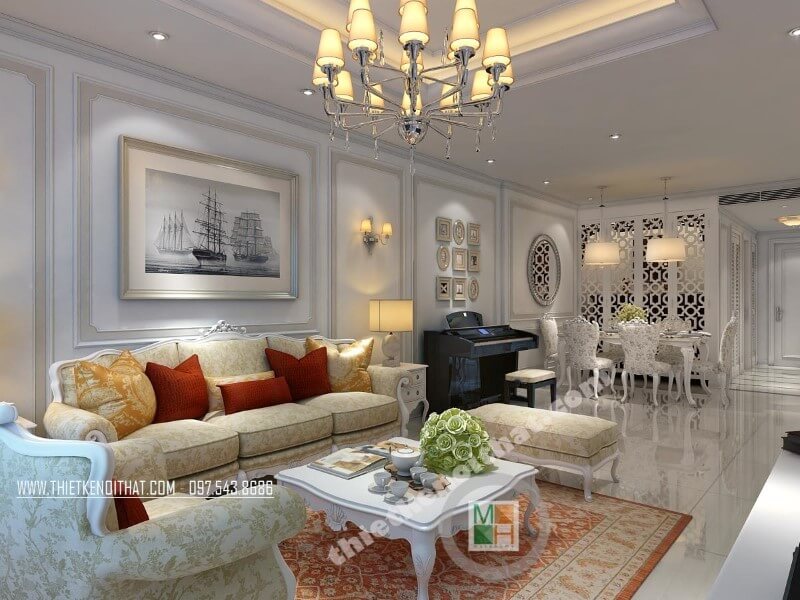 Bộ sofa tân cổ điển với chất liệu khung gỗ tự nhiên phun sơn trắng cao cấp đã để lại ấn tượng sâu sắc cho bất cứ ánh mắt nào khi nhìn vào Thiết kế phòng khách chung cư