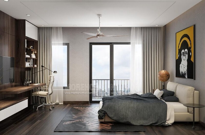 Phòng ngủ có ban công, việc bố trí thêm quạt trần sẽ giúp căn phòng trở nên thông thoáng, mát mẻ. Thiết kế chung cư