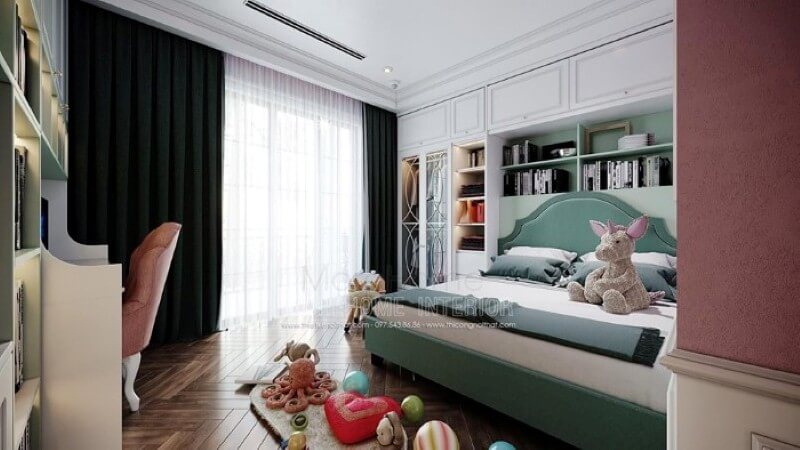 Giường ngủ bọc nệm xanh độc đáo cho phòng ngủ con gái. Thiết kế chung cư