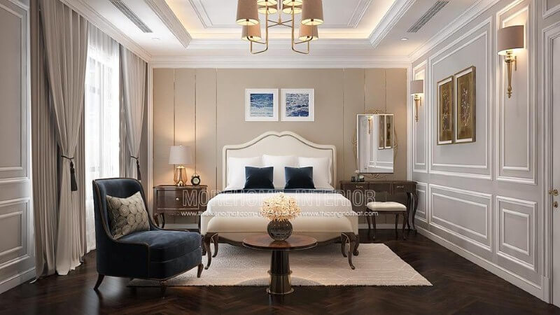 Bố trí phòng ngủ master tân cổ điển sang trọng, quý phái ấn tượng với nội thất gỗ óc chó tự nhiên cao cấp. Thiết kế chung cư