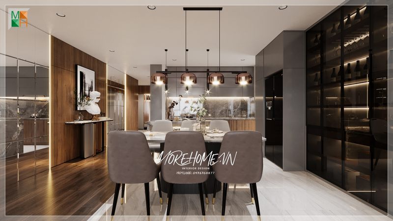 Tủ rượu đóng vai trò là điểm nhấn giúp không gian phòng bếp trở nên đẹp và ấn tượng.