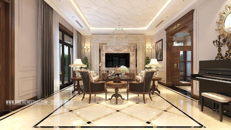 Trang trí phòng khách biệt thự sang trọng bằng bộ bàn ghế đơn sofa gỗ óc chó