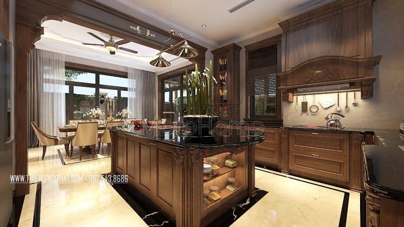 Hình ảnh thiết kế tủ bếp biệt thự bằng gỗ óc chó phong cách tân cổ điển sang trọng đẹp ở Vinhomes Greenbay Hà Nội