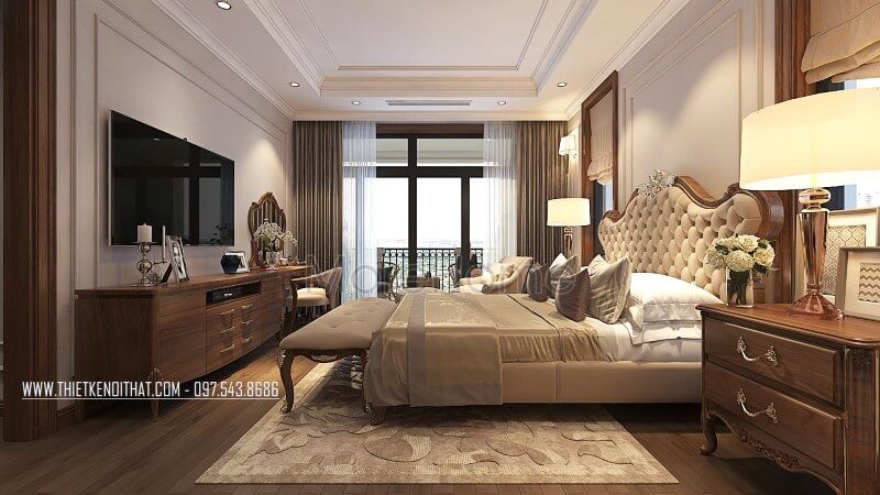 Hình ảnh kệ tivi tân cổ điển gỗ óc chó tự nhiên nhập khẩu đẹp cao cấp trong không gian phòng ngủ biệt thự vinhomes greenbay hà nội