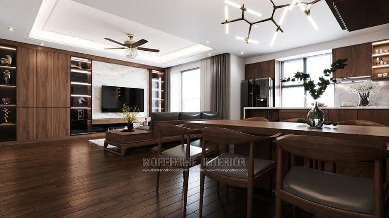 Mẫu bàn ghế ăn bằng gỗ óc chó hiện đại đẹp tinh tế tại căn hộ chung cư Imperia Sky Garden Minh Khai HBT Hà Nội