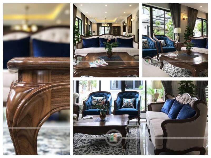 Thi công nội thất phòng khách gỗ óc chó sang trọng cho biệt thự Ecopark Hưng Yên với mẫu bàn trà gỗ óc chó tự nhiên nhập khẩu tinh tế