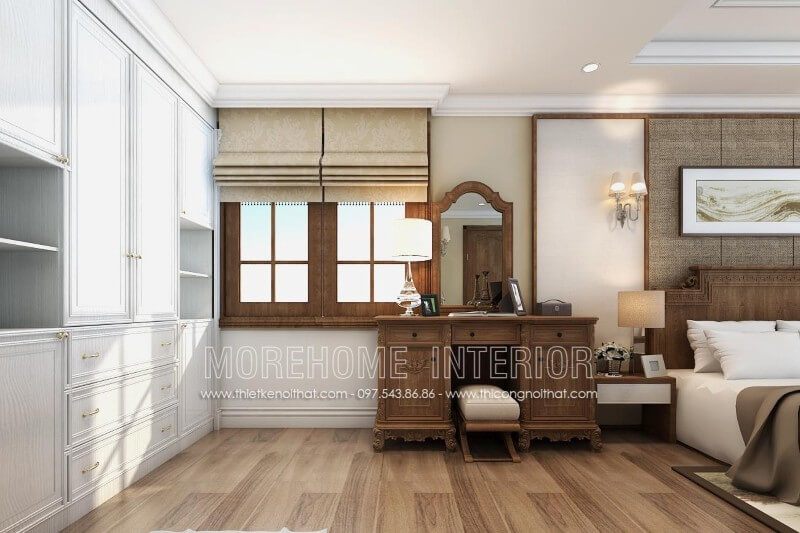 Mẫu bàn trang điểm tân cổ điển bằng gỗ óc chó trong phòng ngủ biệt thự này được thiết kế tinh tế và cao cấp với kết cấu bao gồm 3 ngăn kéo nhỏ và 2 ngăn lớn, phía trên là chiếc giương treo tường viền gỗ óc chó tân cổ điển sang trọng. Mang đến cho gia chủ sản phẩm nội thất phòng ngủ tiện dụng nhất.