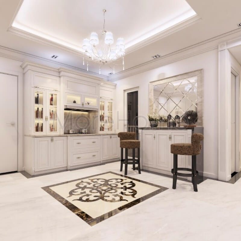 Thiết kế nội thất phòng bếp chung cư ấn tượng và sang trọng với lối thiết kế tân cổ điển nhẹ nhàng