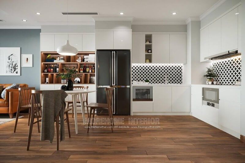 Điểm nhấn của không gian bếp là đá ốp bếp nhân tạo họa tiết lạ mắt làm nổi bật không gian bếp