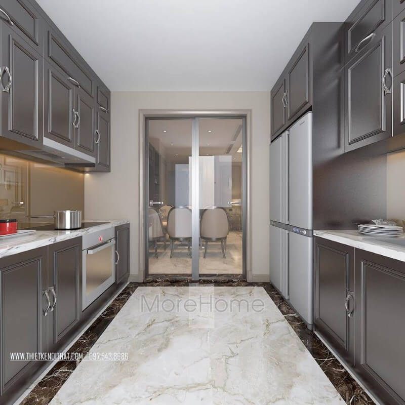 Chất liệu gỗ tự nhiên được áp dụng trong hầu hết các không gian bếp của căn hộ chung cư, bởi nó nhẹ nhàng, đa năng và dễ thi công lắp đặt