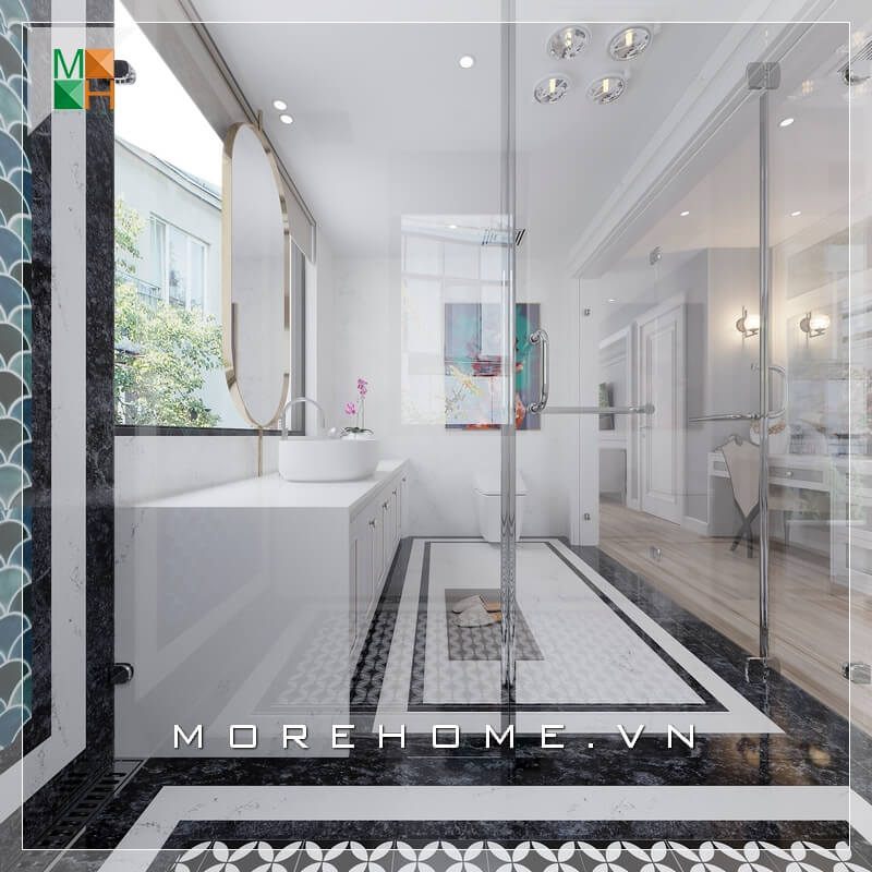 Mẫu thiết kế nội thất phòng tắm hiện đại được sử dụng chủ yếu tone màu trắng để tạo nên sự sang trọng và tinh tế cho các không gian nhà phố, biệt thự, chung cư.