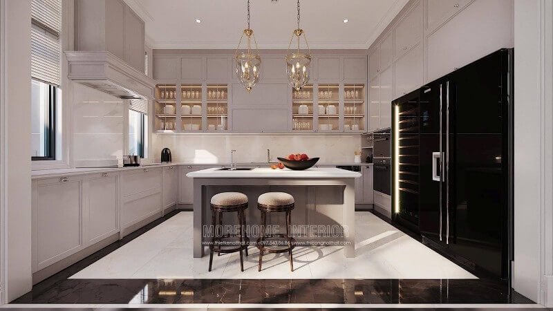Mẫu thiết kế nội thất phòng bếp từ chất liệu gỗ có phong cách sang trọng.