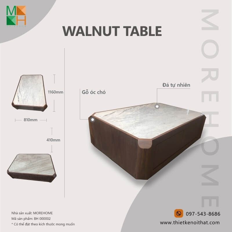 Mẫu bàn trà bằng gỗ óc chó cao cấp, có mặt bàn đá nhân tạo vân mây hình hộp không chân, mang lại cảm giác mới mẻ và phù hợp với phong cách hiện đại của phòng khách.
