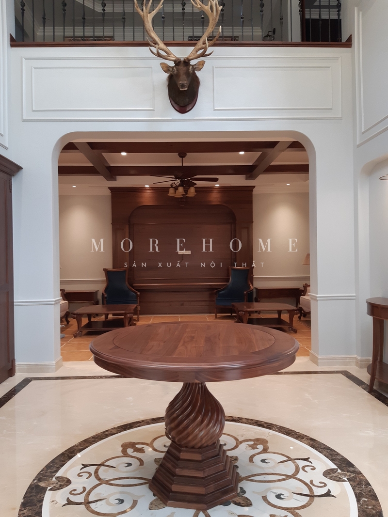 Thi công đôn gỗ óc chó tân cổ điển chạm khắc tỉ mỉ từng chi tiết sắc nét ấn tượng mạnh đối với không gian đạt thẩm mỹ cao